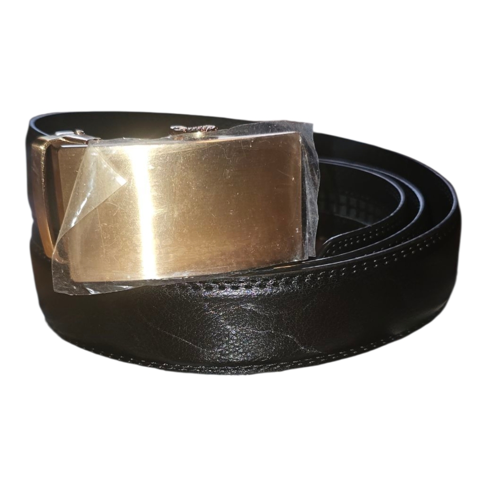 Men's Black Leather Belt with Gold Buckle